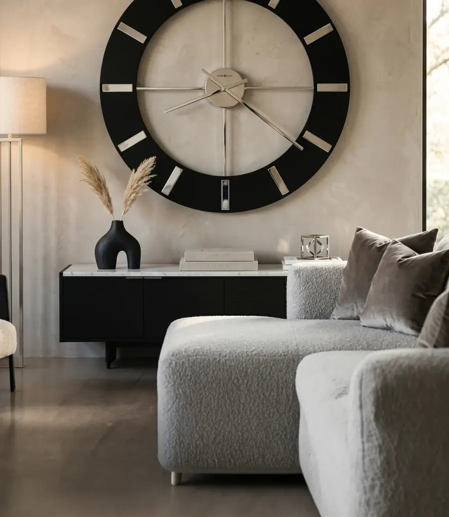 Oversized clock in a warm contemporary living room