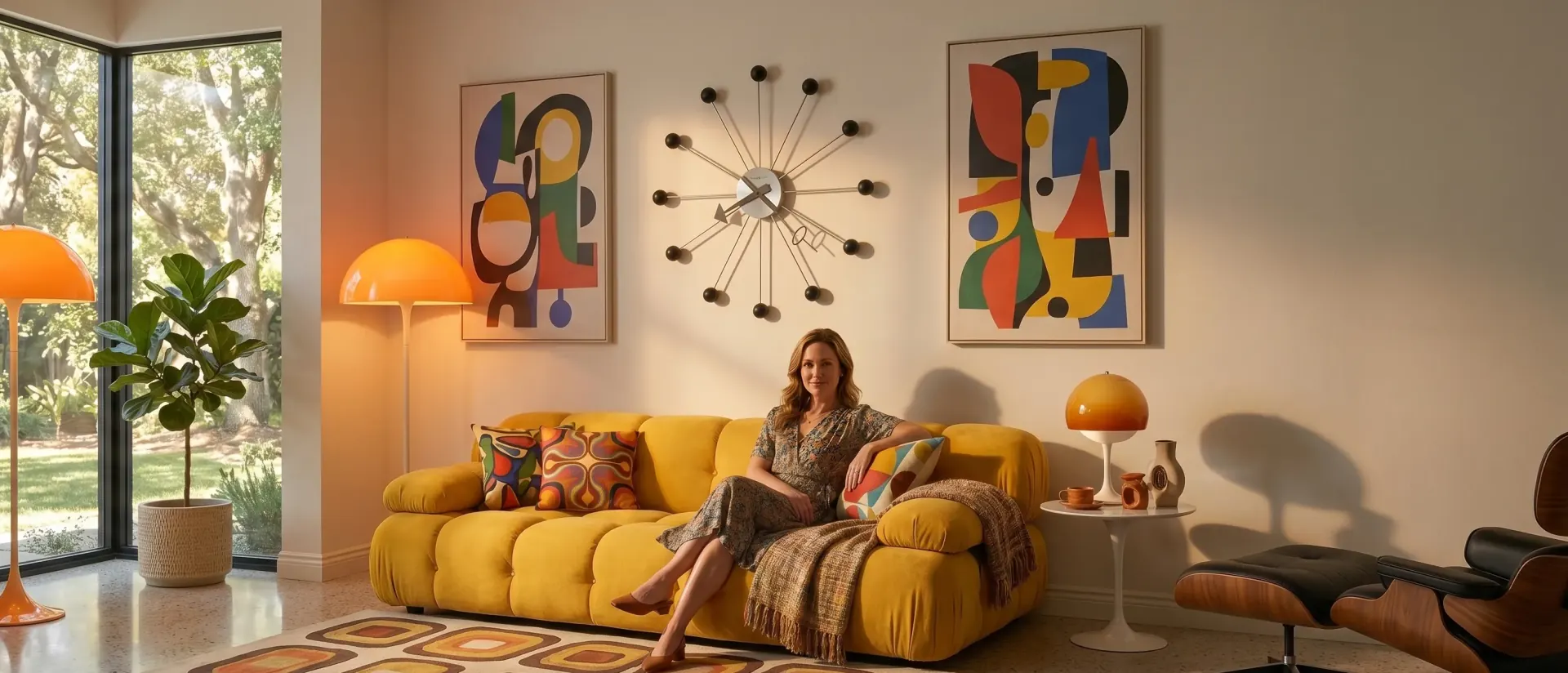 Colorful mid-century room centered on a sculptural wall clock