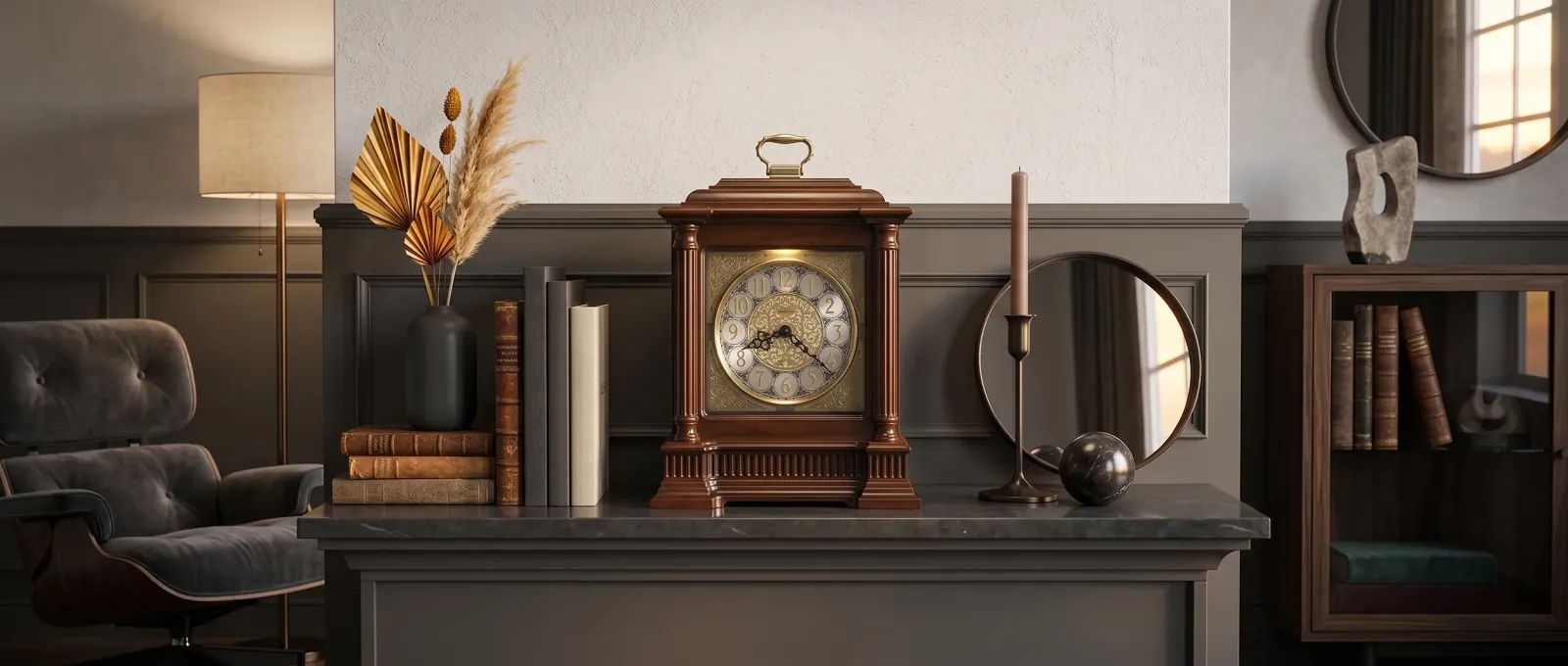 Traditional mantel clock in a dark layered interior